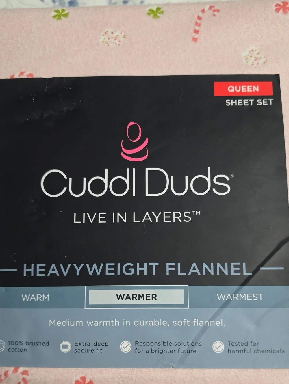 Cuddl Duds Pink Candy Cane Flannel Queen Sheet Set